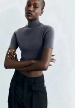 ZARA リブ　ニット　トップス　L クロップド丈　ショート丈　グレー