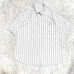 US古着 半袖シャツ　リネンシャツ　ストライプ　白　紫　薄紫　BDシャツ