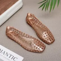 サンダル　フラットシューズ　ジェリーフラット　ゴールド　金ラメレインシューズ軽量