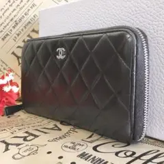 シャネル マトラッセ ラウンドファスナー 長財布 黒 ラムスキン EO107