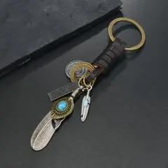 フェザー羽 ターコイズ 皮 レザー キーホルダー 【 ブラウン 】