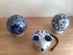藍色陶器のボールとねずみ置物3点セット