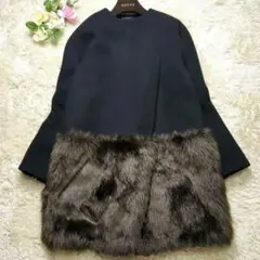 YOKO CHAN ノーカラー エコファー切り替えデザイン コクーンコート