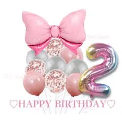 2歳 大きなリボンとくすみバルーン数字セット 誕生日 ナンバー ピンク 風船