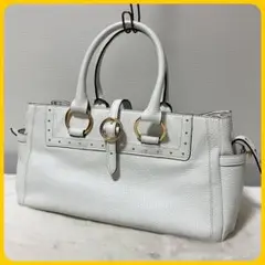 美品 A.D.M.J ハンド バッグ 内側 総柄 レザー 革 金金具 ベルト 白