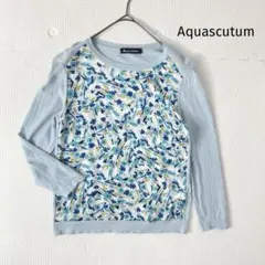 アクアスキュータ 絹シルク混ニット【S相当】八分袖 ブルー 花柄