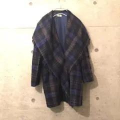 ガウン アウター ウールチェック ネイビー