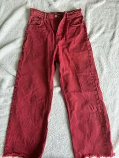 ZARA 赤 フリンジ裾 ストレートデニムパンツ EU34