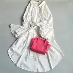 美品 パメオポーズ フレア袖 ストライプシャツワンピース ベルトリボン付き F
