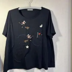 魔女とほうきの刺繍 半袖Tシャツ 黒ターシャルビー大きいサイズ