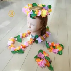 ③レイ　花輪３点セット　花冠　ネックレス　ブレスレット1ペア 桃色×オレンジ