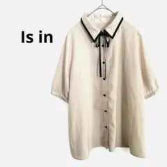 【Is in 】5分袖シフォンブラウス　ボウタイ　リボン　ベージュ　Ｌサイズ