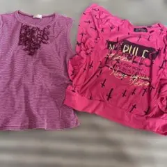 ストライプフリルタンクトップとピンクトップセット