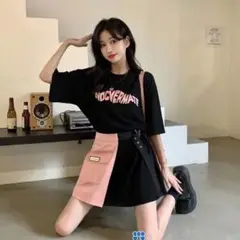 夏物SALE★セットアップ　Tシャツ　半袖　黒　ピンク　L　ロゴ　韓国っぽ