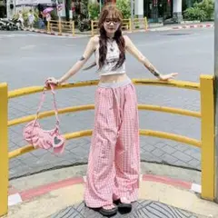 お値下げ♪可愛いピンクギンガムチェック柄ロングパンツ♪