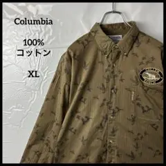 長袖シャツ　Columbiaコロンビア　アニマル刺繍ロゴ　総柄　コットン100%