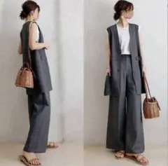 SHEINで購入グレー ノースリーブベスト+ワイドパンツのセットアップ2点セット