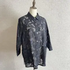 Chouflour/花柄透け感 ブラックシャツ 七分袖ブラウス ポケット付き L