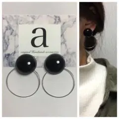 1069-2 2way☺︎ブラックカボションピアス×シルバーフープ☺︎