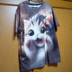 猫イラスト Tシャツ ブラウン系　Lサイズ