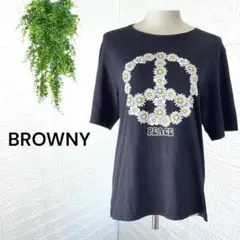2578【BROWNY】Tシャツ 半袖カットソー デイジー ピースマーク 黒