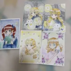 顔彩画イラスト5点セット 女の子と花　顔彩　葉書サイズ