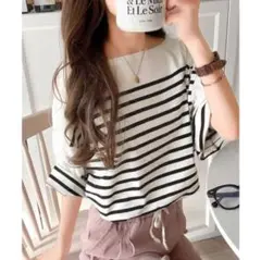 新品★オーガニックコットン100%オーバーサイズパネルボーダーTシャツ★ホワイト