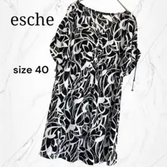【esche】ボタニカル柄パターン 半袖チュニック　白黒モノトーン　L透け感
