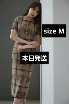 未開封　Gold-Buttoned Plaid Knit Dress　M