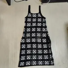 かぎ針編み キャミニットワンピース ブラック/ホワイト　Fサイズ