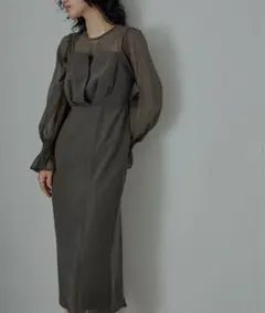 niana ビスチェ風ボリュームスリーブシフォンドレス チャコール