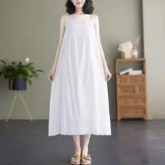 コットン100% 透け感キャミワンピース　ホワイト　2XL