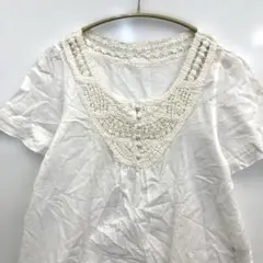 【THE EMPORIUM】綿ローン ホワイト ブラウス かぎ針レース サイズM