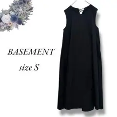 BASEMENTノースリーブロングフレアワンピース S 黒 リボン 無地3522