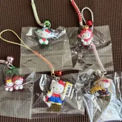 ハローキティ ストラップセット ①さくらんぼ②白虎隊③魚④いちご⑤稲