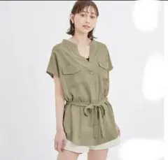 【新品】GU/ダブルポケットチュニックシャツ 半袖グリーン スキッパー M