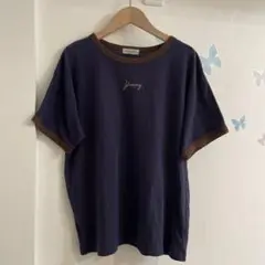 15【F】サマンサモスモス　ロゴ　刺繍　リンガー　Ｔシャツ　ネイビー　ブラウン