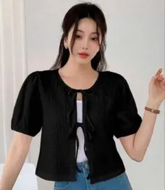 女性用無地カーディガン半袖Tシャツ夏黒