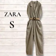 ZARA オールインワン　ベージュ　 S リネン　ウエストゴム　ベルト付き　大人