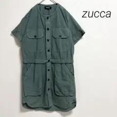 ズッカ　半袖ワンピース　ひざ丈　ウエスト調節　ボタン　前面ポケット　M