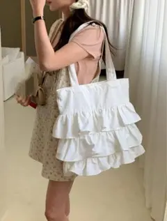 SHEIN 新品 フリルバッグ トートバッグ ホワイト白 マザーズバッグ 大きめ