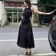ホルターネック 黒 韓国 ワンピース 袖なし フレアワンピース ブラック L
