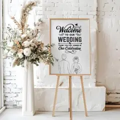 結婚式用サイン シルバー背景と線画カップルと黒英字 ウェルカムボード A3