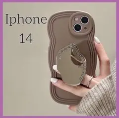 iPhone 14 ケース ウェーブ ミラー スマホグリップ付き 韓国