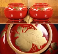 CA83 時代輪島塗牡丹金蒔絵朱塗煮物椀 二客 木製漆器茶懐石汁椀 正月宴席草花