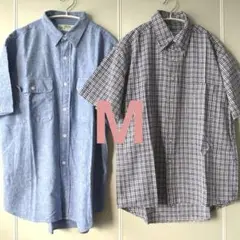 青無地シャツとチェック柄シャツセット