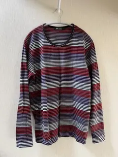 BEAMS HEART 長袖カットソー L 赤・紫・白ストライプ