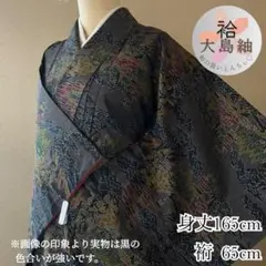 k135 袷 大島紬 建物 森林 水辺 雲文 黒 利休茶色 シック 上品 長身