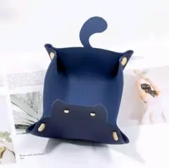 猫 レザー 小物入れ トレイ アクセサリートレー 小物収納 ギフト ネイビー