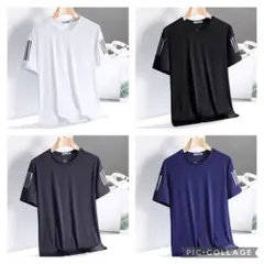 3本ラインデザイン 半袖シャツ 4色セット吸湿速乾 Tシャツ フリーサイズ